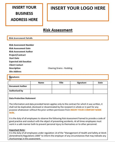 Clearing Drains Rodding Risk Assessment Template