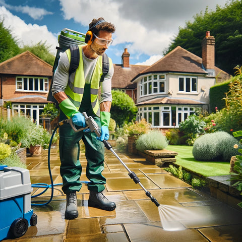 Image of a man, Softwashing, a patio