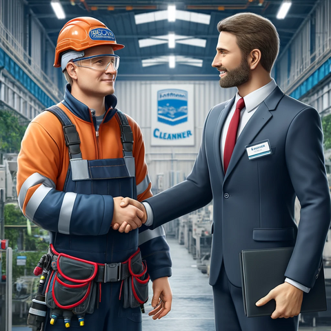 Soft Washer shaking hands with a manager at a manufacturing factory