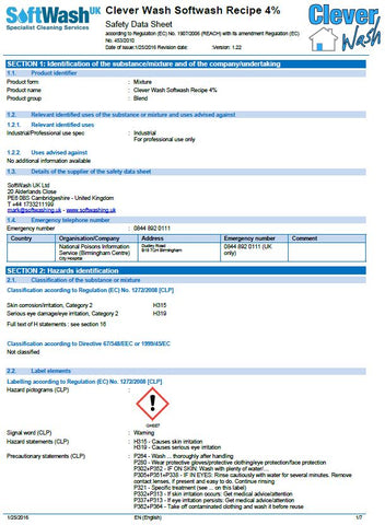 Softwash SDS Sheets Category 2 Non Corrosive