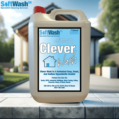 Sodium Hypochlorite Surfactant Clever Wash in a 5-liter bottle, perfect for powerful and efficient exterior cleaning applications