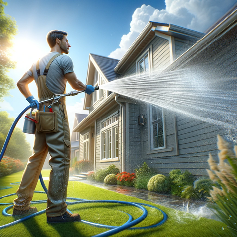softwash professional meticulously using a garden hose to rinse a residential home's exterior