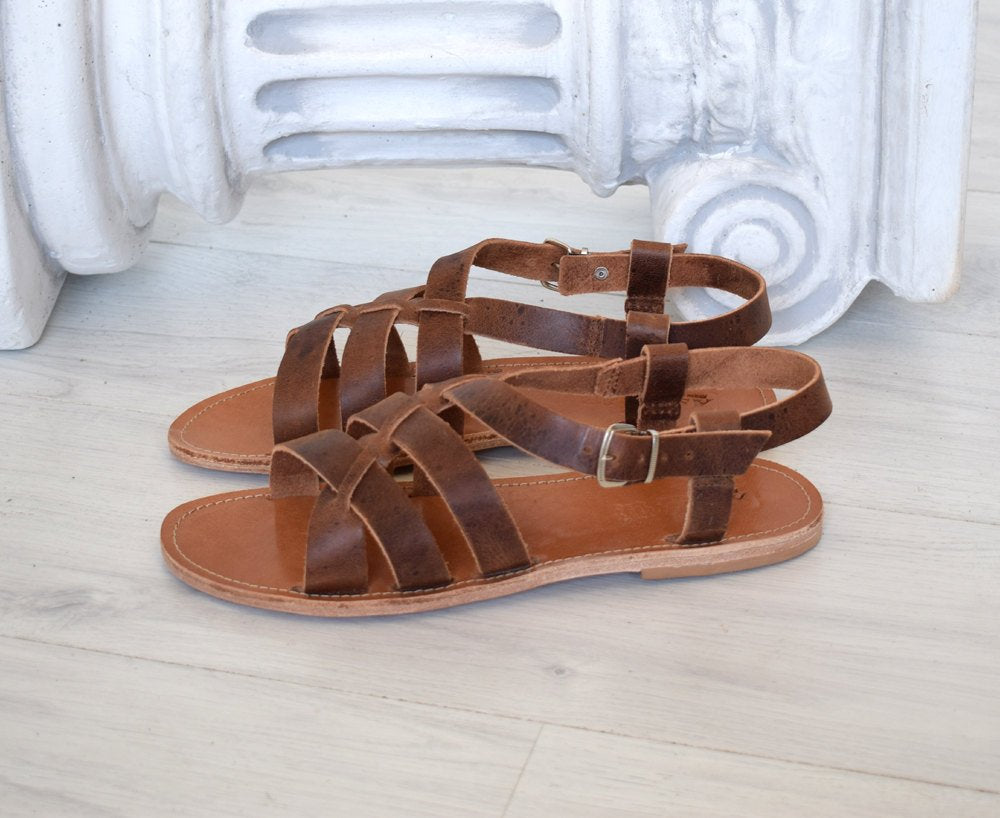 Ancient Greek Leather Sandals In Natural Tan Color Elegant Gladiator Sparta Novelty