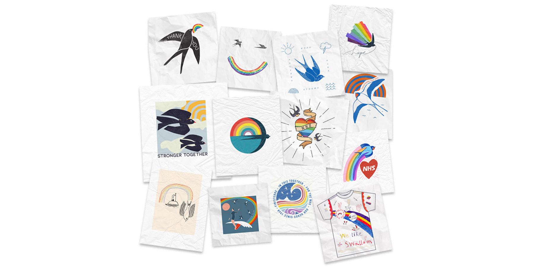 Collage of some of our favourite entries in the #FinisterreForNHS tee design competition