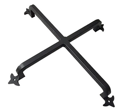 Decorative cross-shaped security grill for wrought iron gate.