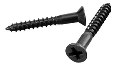 Two black #8 flat head screws side-by-side to show length.