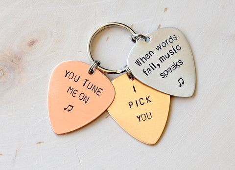 Three metal guitar pick keychain for you to personalize – Nici's Picks