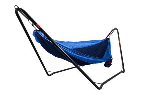 Hangout Hammock Stand with a blue hammock strung across