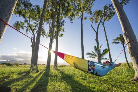 Jamie O'Brien signature hammock hung between two palm trees