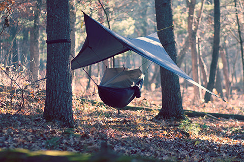 hammock covered by a rainfly