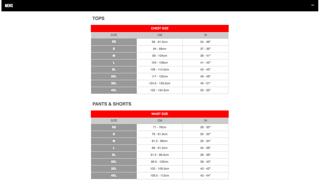 Canterbury Size Guide – Stash Shop