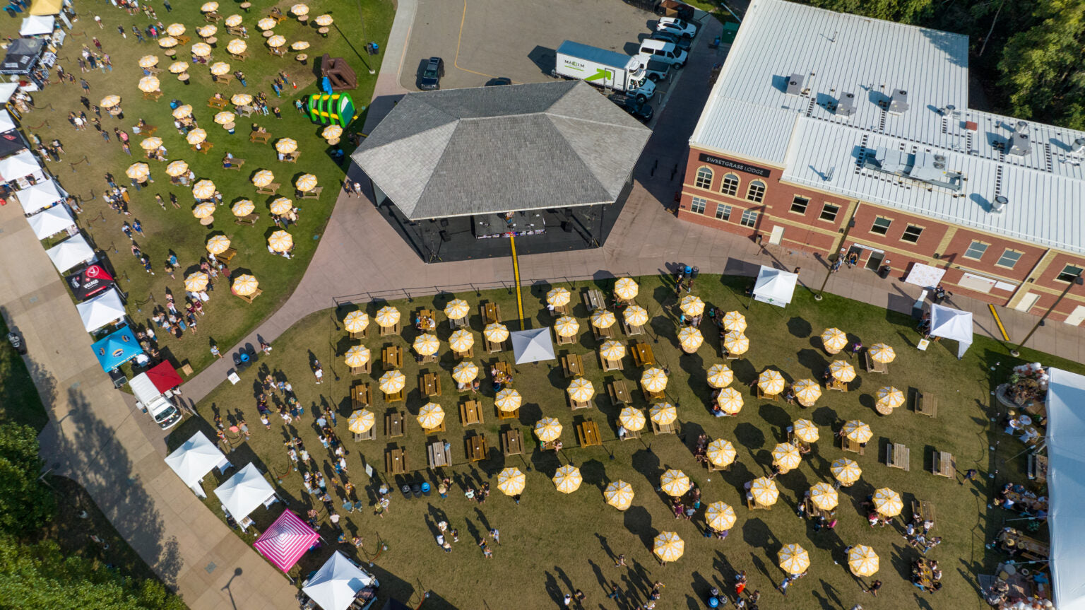 Aerial shot of the annual Barley & Smoke Grillin' for a Cure event at Enmax Park benefitting the Kids Cancer Care Foundation of Alberta