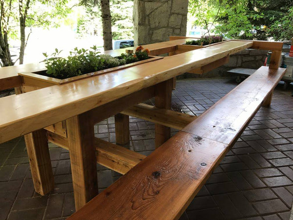 Self-Watering elevated restaurant garden. Cedar raised beds, container gardens, and veggie/vegetable gardens featuring GardenWell sub-irrigation to create wicking beds for growing your own food.