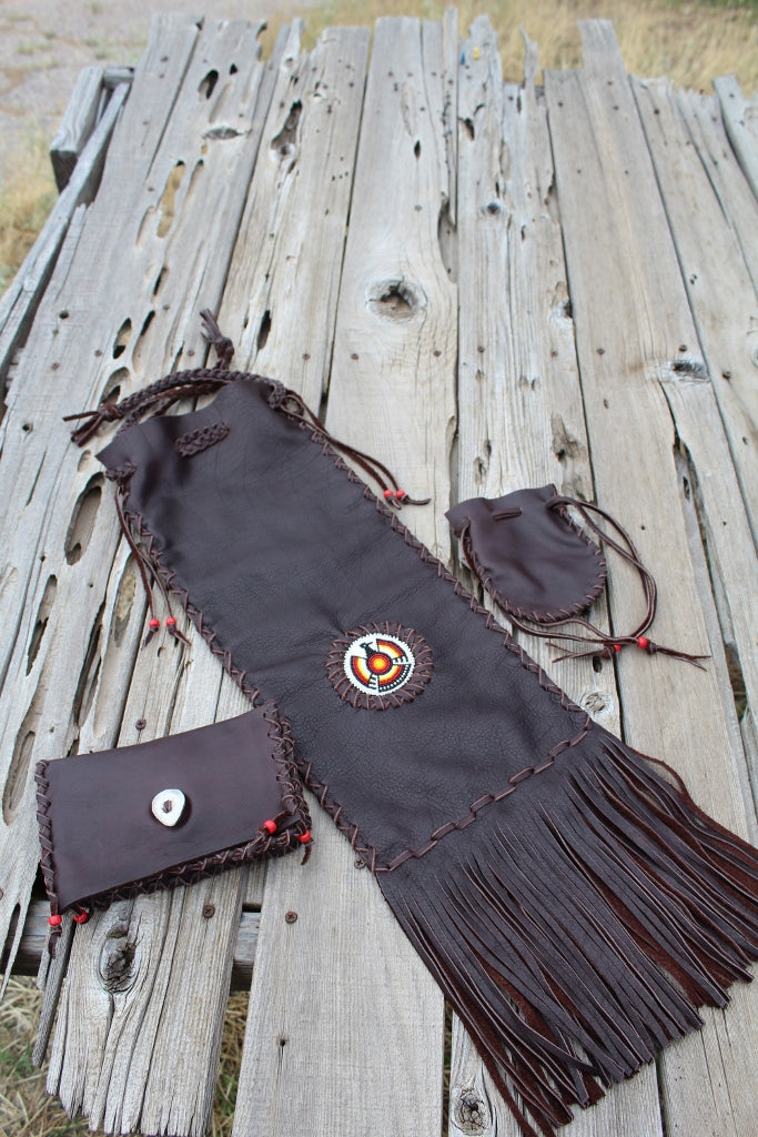 På hovedet af skade impuls Brown buffalo leather pipe bag set , fringed beaded Thunderbird buffal –  Thunder Rose Leather