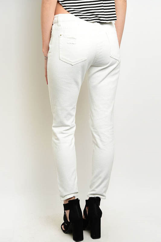 Distressed Slim Fit Capri Jeans - White | Katana Couture