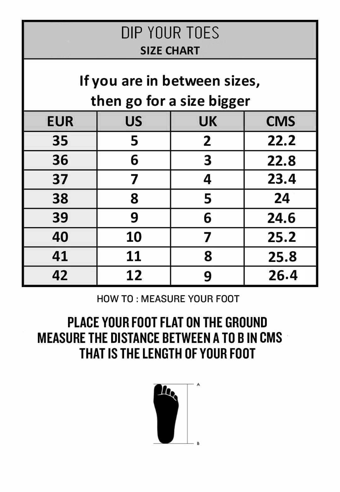Size chart – Dip Your Toes