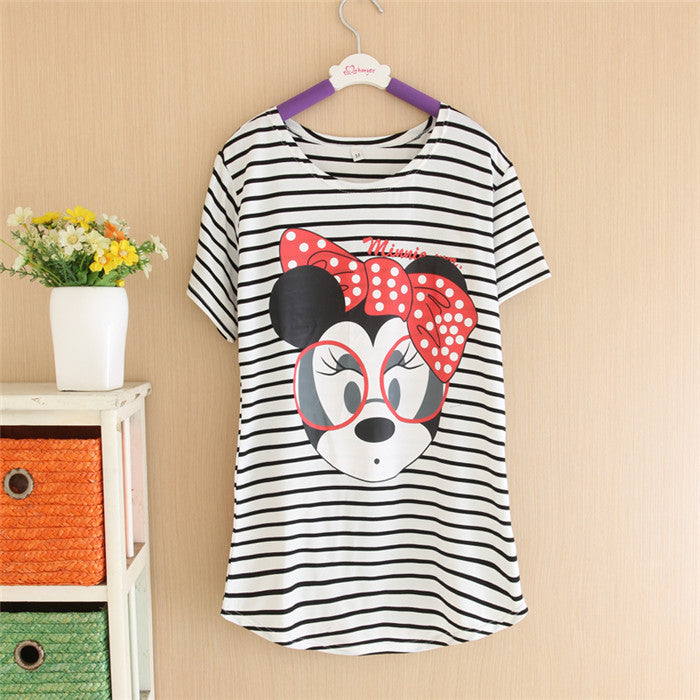 Women Striped mouse T Shirts Short Sleeve Cartoon Tee Anchor Printed Tops Cotton Owl T-Shirts lady t