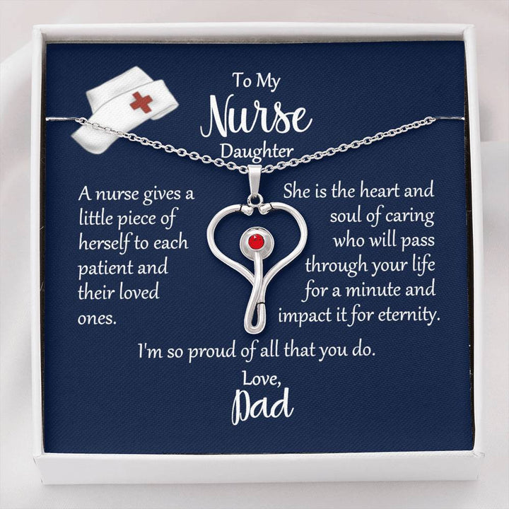 To My Nurse Daughter Heart Stethoscope Necklace Love Dad With Message Ruby Peach