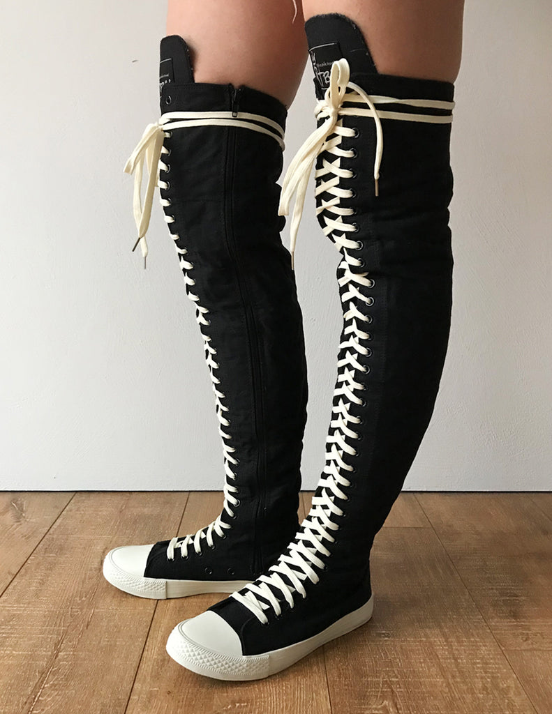 Rtbu Ivory Frosting 35 Hole Punk Thigh Hi Black Canvas Lace Up Sneaker Refuse To Be Usual
