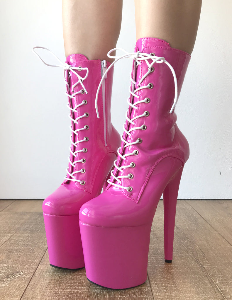 RTBU DADA 20cm Platform Heel Bubble Pink Patent Laceup Zip Calf Party ...