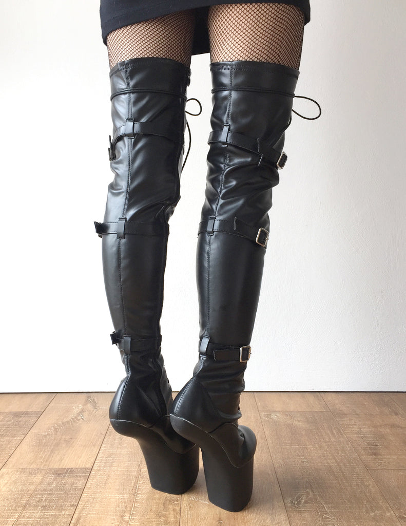 DANY 18cm Pony Hoof Sole Heelless Platform Crotch Hi Boots Fetish Blac ...