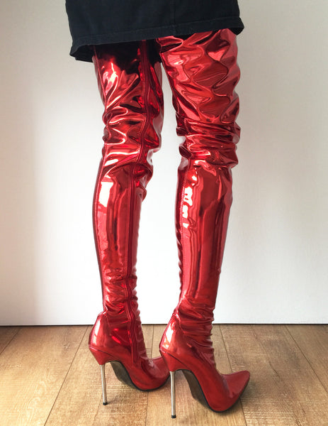 LETHAL 12cm Silver Metal Heel 80cm Crotch Show Boot Metallic Red Fire ...