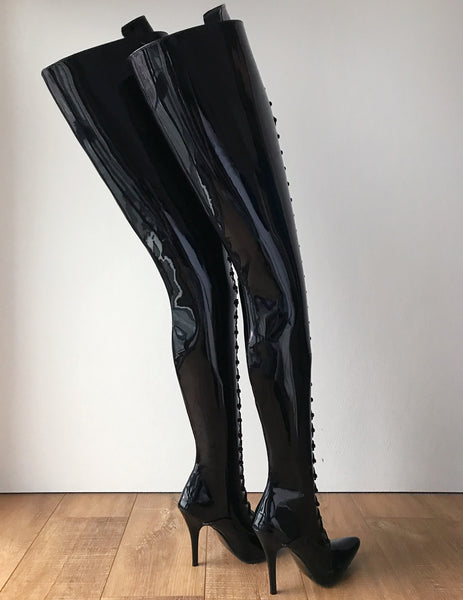 RTBU LULU Crotch Hi Hard Shaft Laceup 18cm Stiletto Boots Black Patent ...