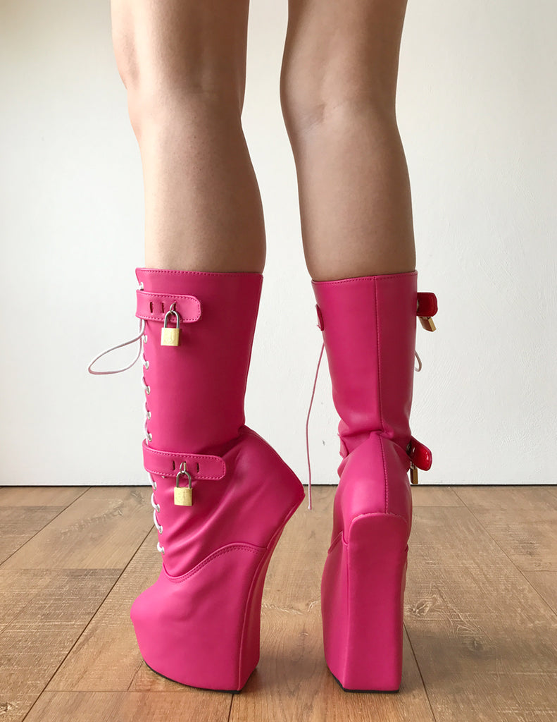 MYLA Heavy Hoof Sole Heelless Mid-Calf Boots Custom Made Hot Pink Matt ...