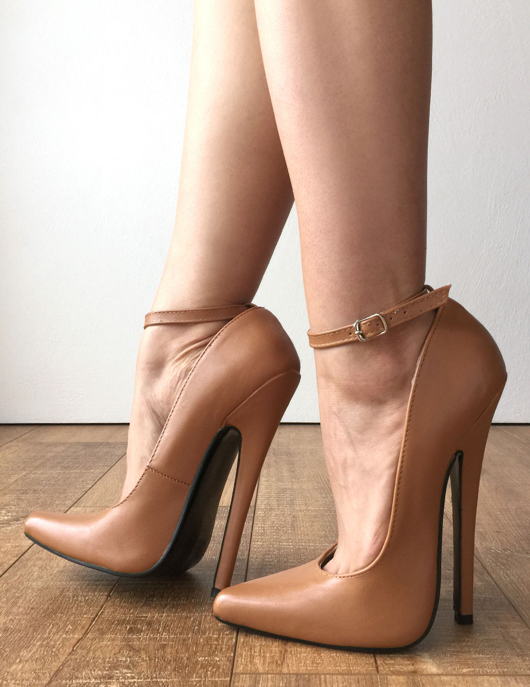 RTBU NORMA Sharp toe Mary Janes Fetish 18cm Stiletto Ankle Strap Caramel Beige