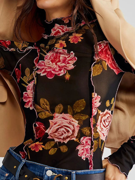 Floral Print Mock Neck Long Sleeve Top