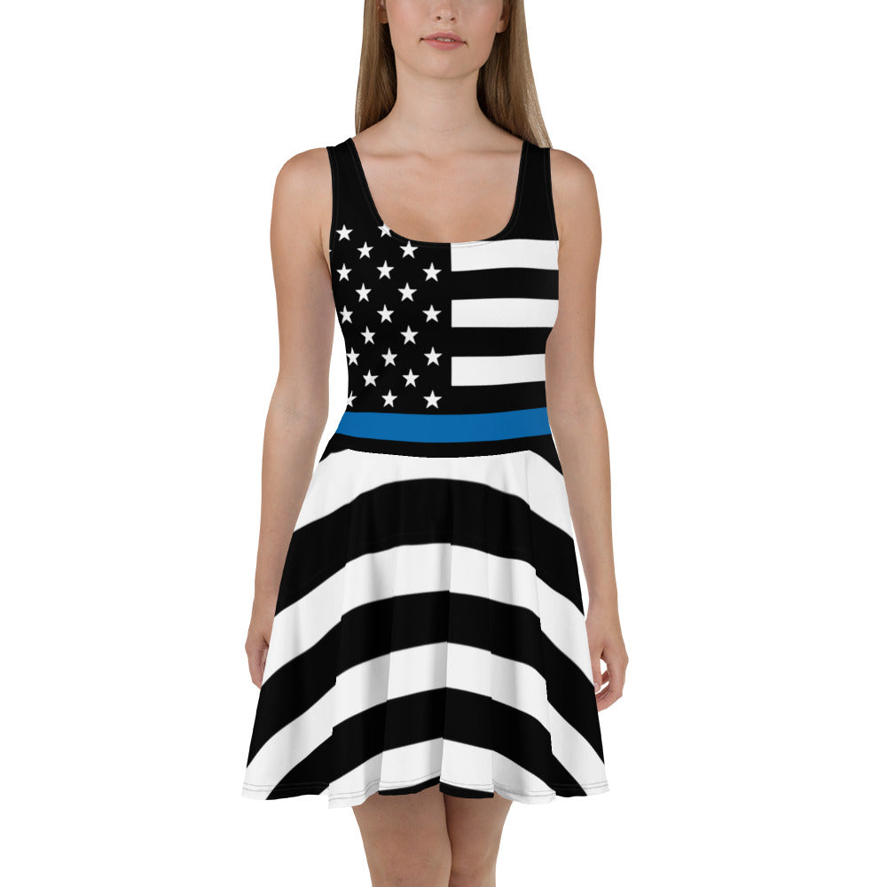 Curved Thin Blue Line American Flag Skater Dress - Thin Blue Line Shop
