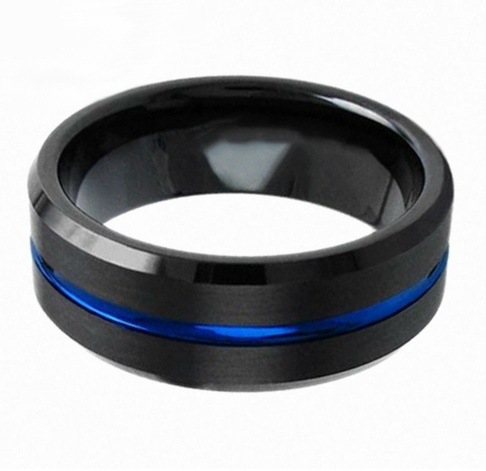 Thin Blue Line Black and Blue Tungsten Carbide Ring - Thin Blue Line Shop