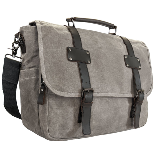 Canvas Messenger Bag for Men;  Laptop Case;  Satchel | Office Professionals;  Students;  Travel | Waxed Canvas;  Genuine Leather;  Smoked Metal Hardware | Portable Office;  Trolley Sleeve;  Organizer