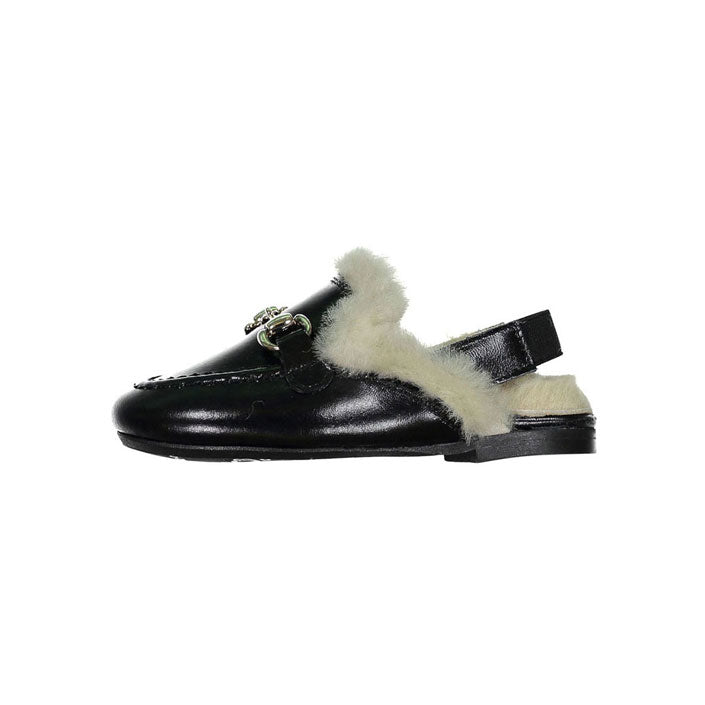 black leather fur mules