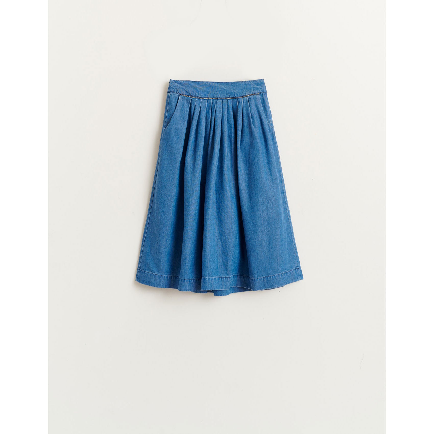 denim pleated midi skirt