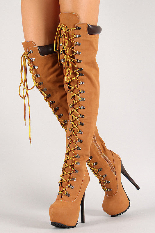 Almond Toe Lace Up Thigh High Stiletto 