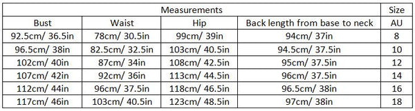 abbigail size guide garment measurements