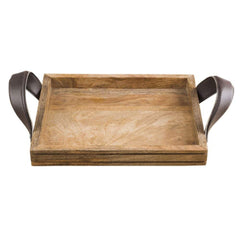 Rusticity Wooden Serving Tray for Dining/Breakfast/Coffee Table - Rexine Leather Handle - Medium | Handmade | (10x8 in)