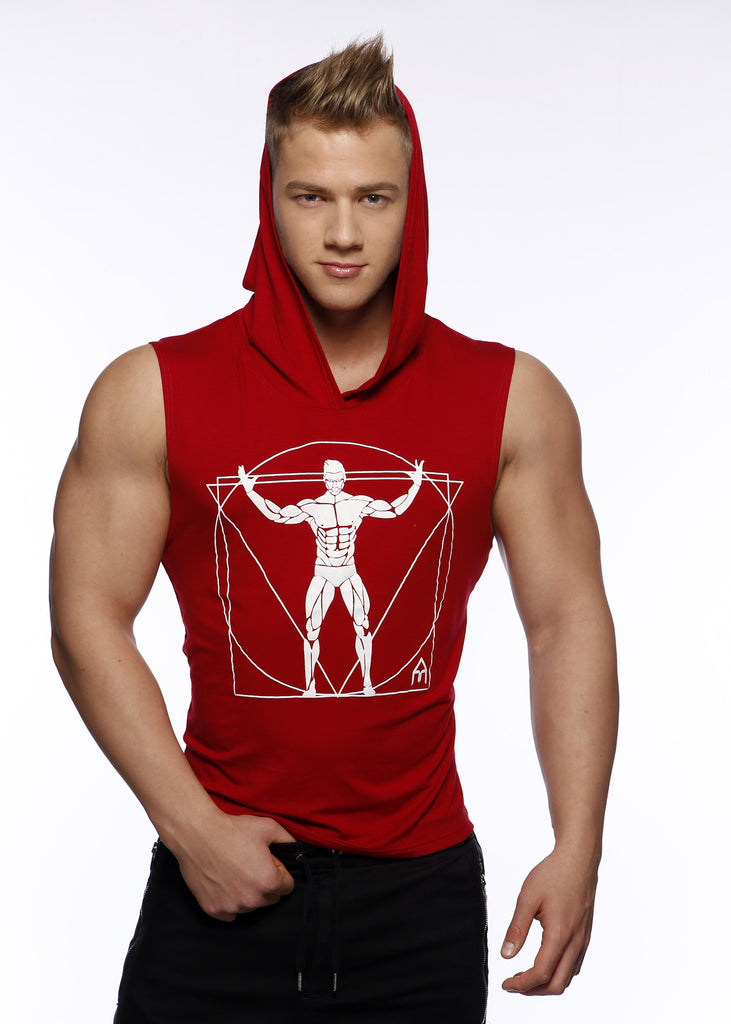 red sleeveless zip up hoodie