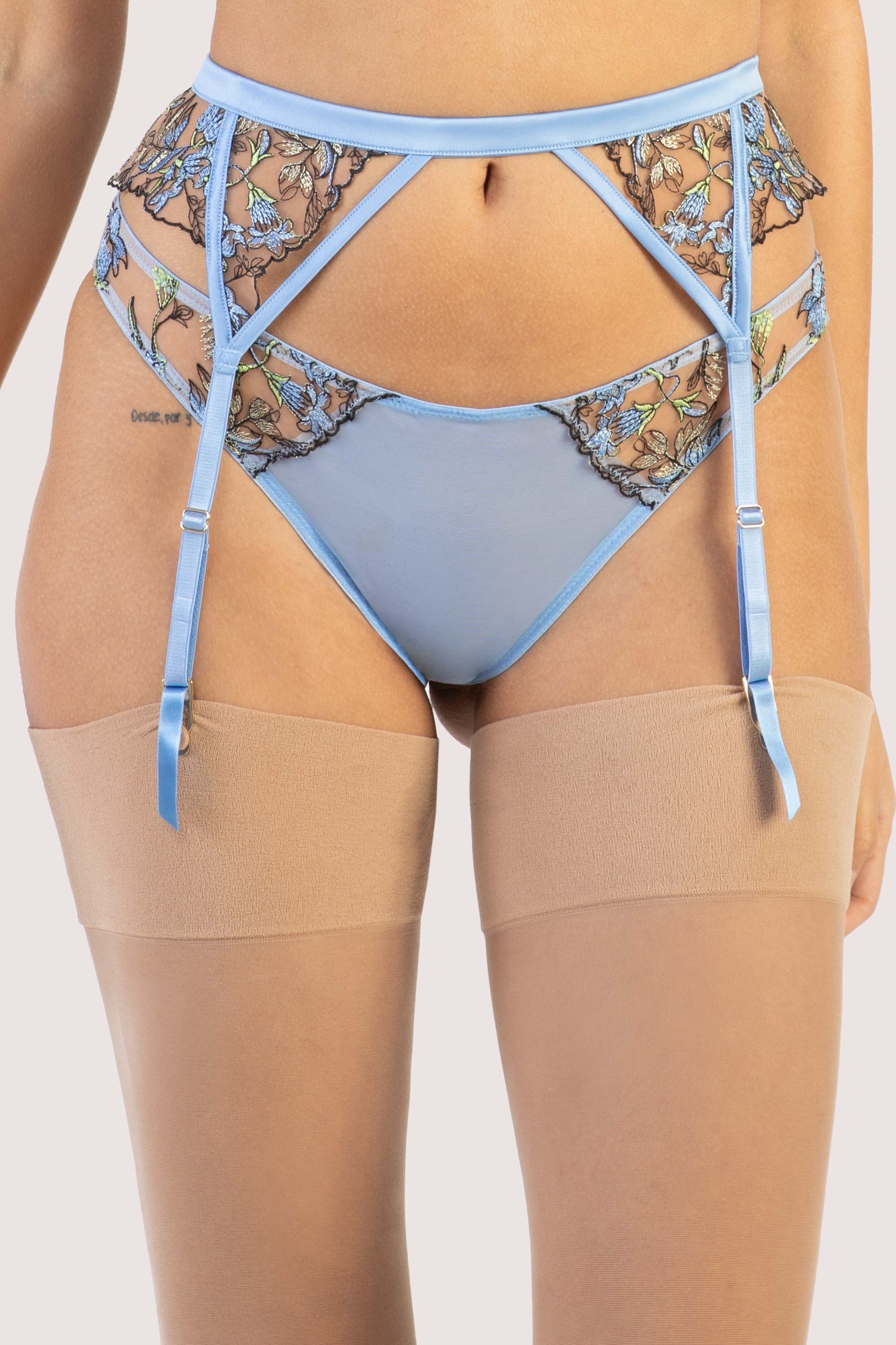 adjustable blue floral suspender belt
