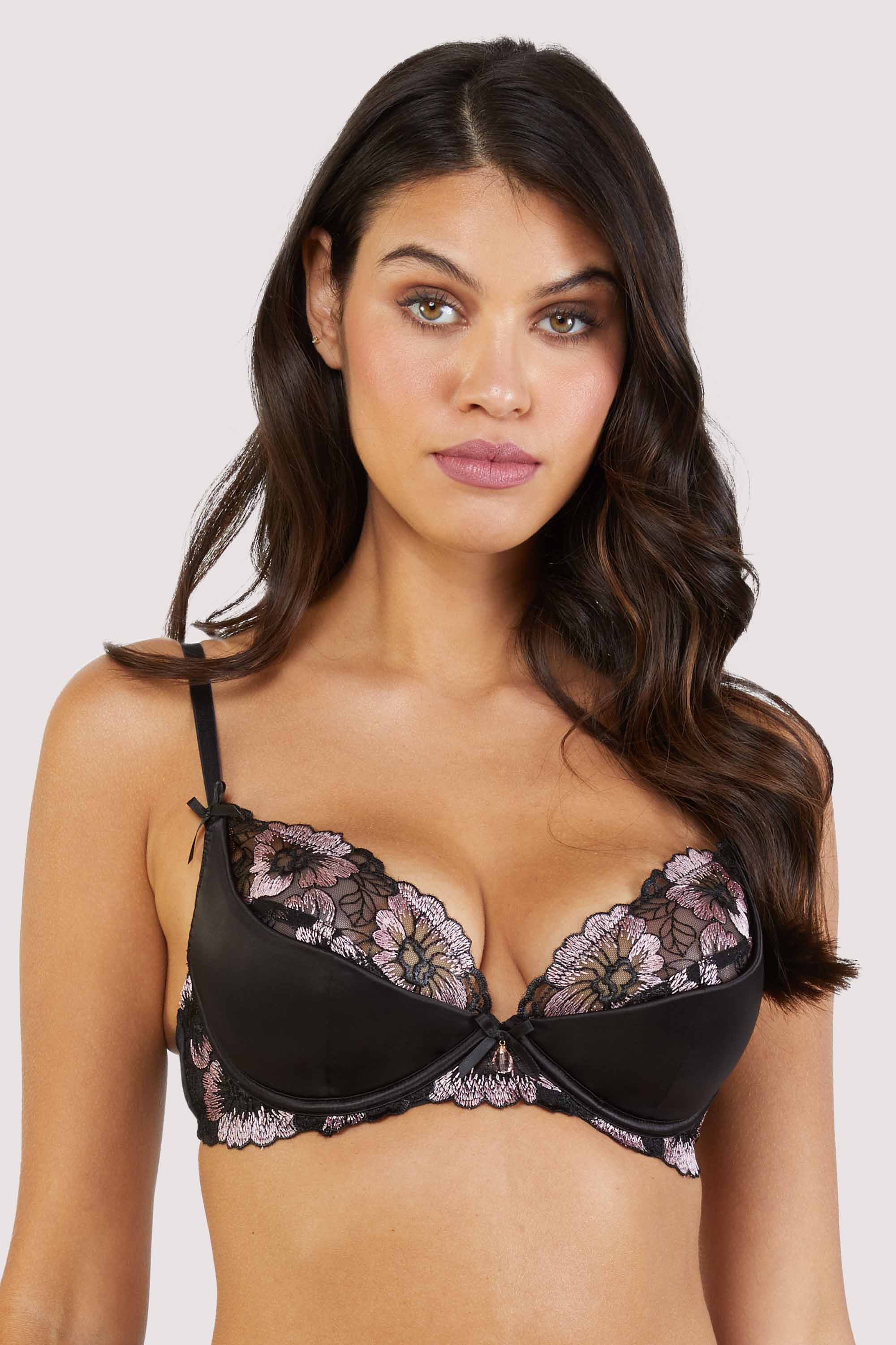 Alicia Black and Pink Embroidered Plunge Bra 38F