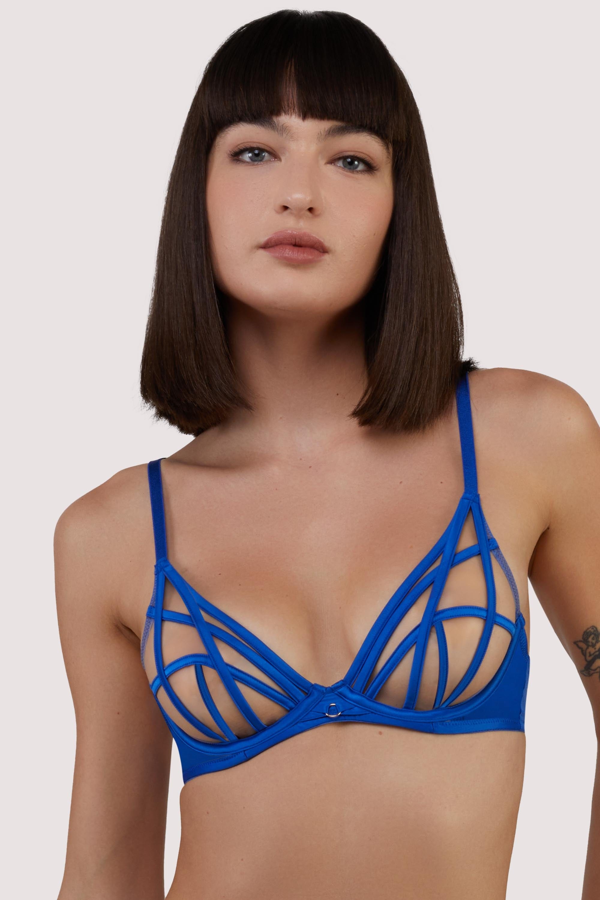 Ramona Cobalt Blue Strap Detail Illusion Sheer Plunge Bra 42GG