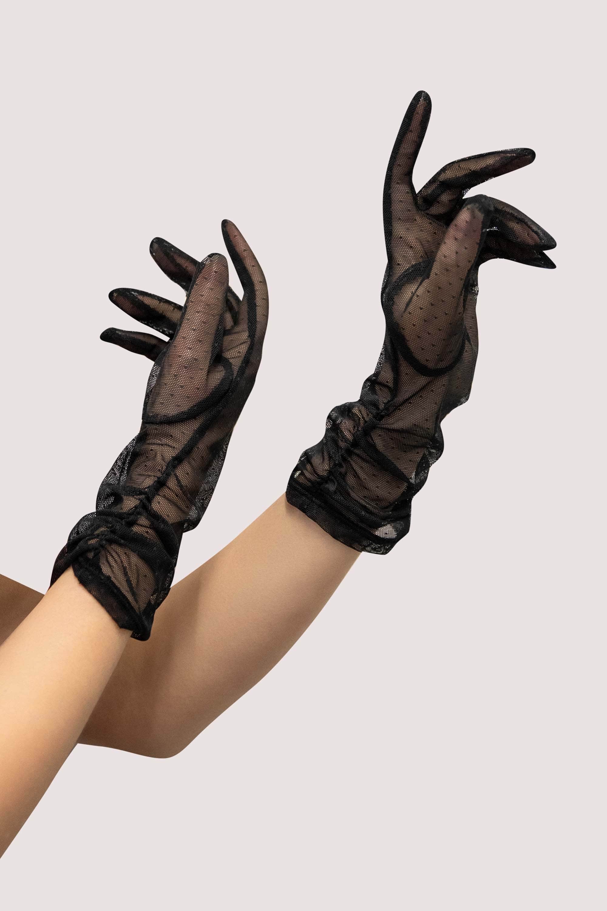 Black Gathered Spot Mesh Gloves O/S