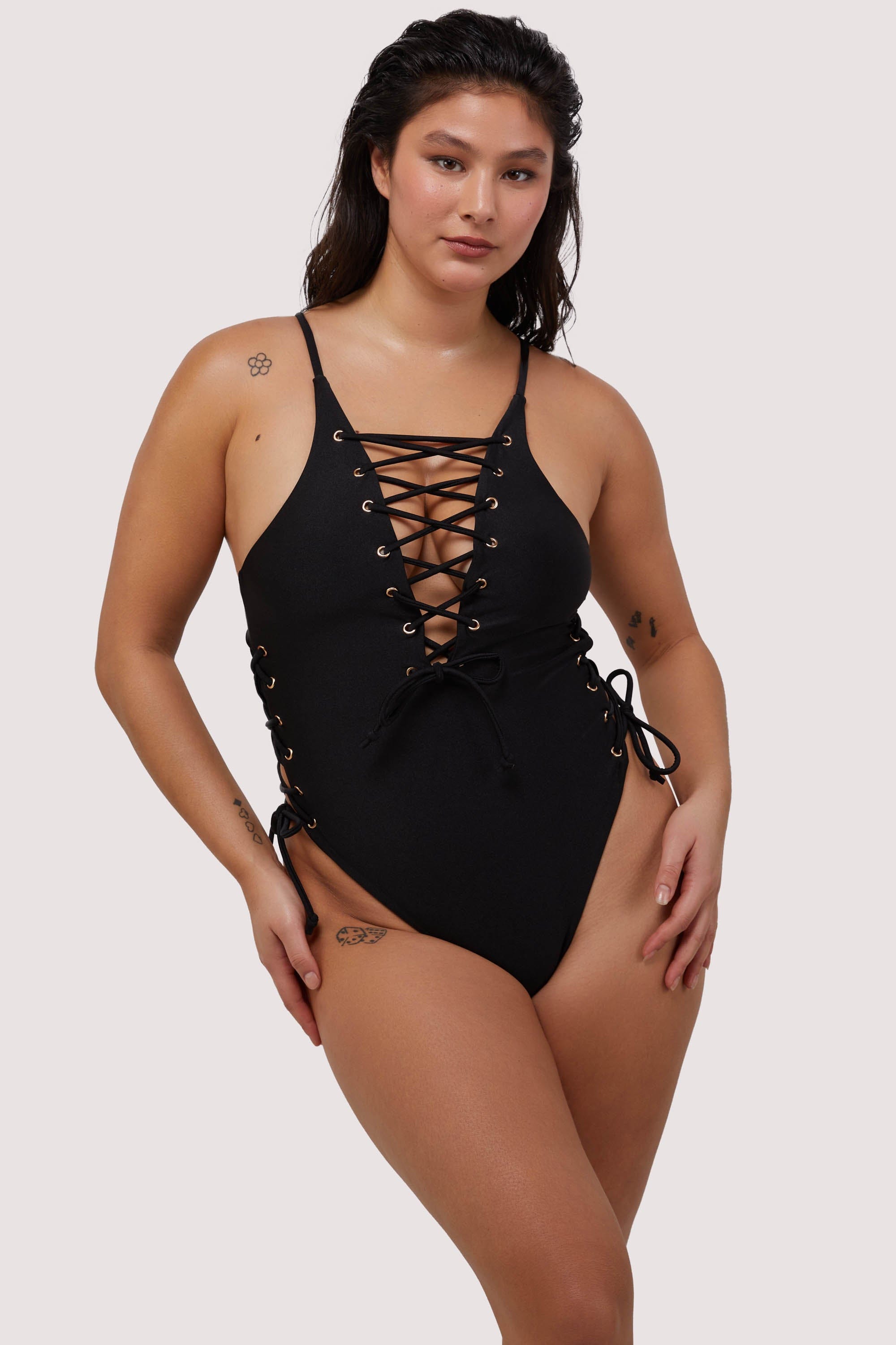 Eden Eden Fuller Bust Black Plunge Lace-Up Swimsuit 14E/F