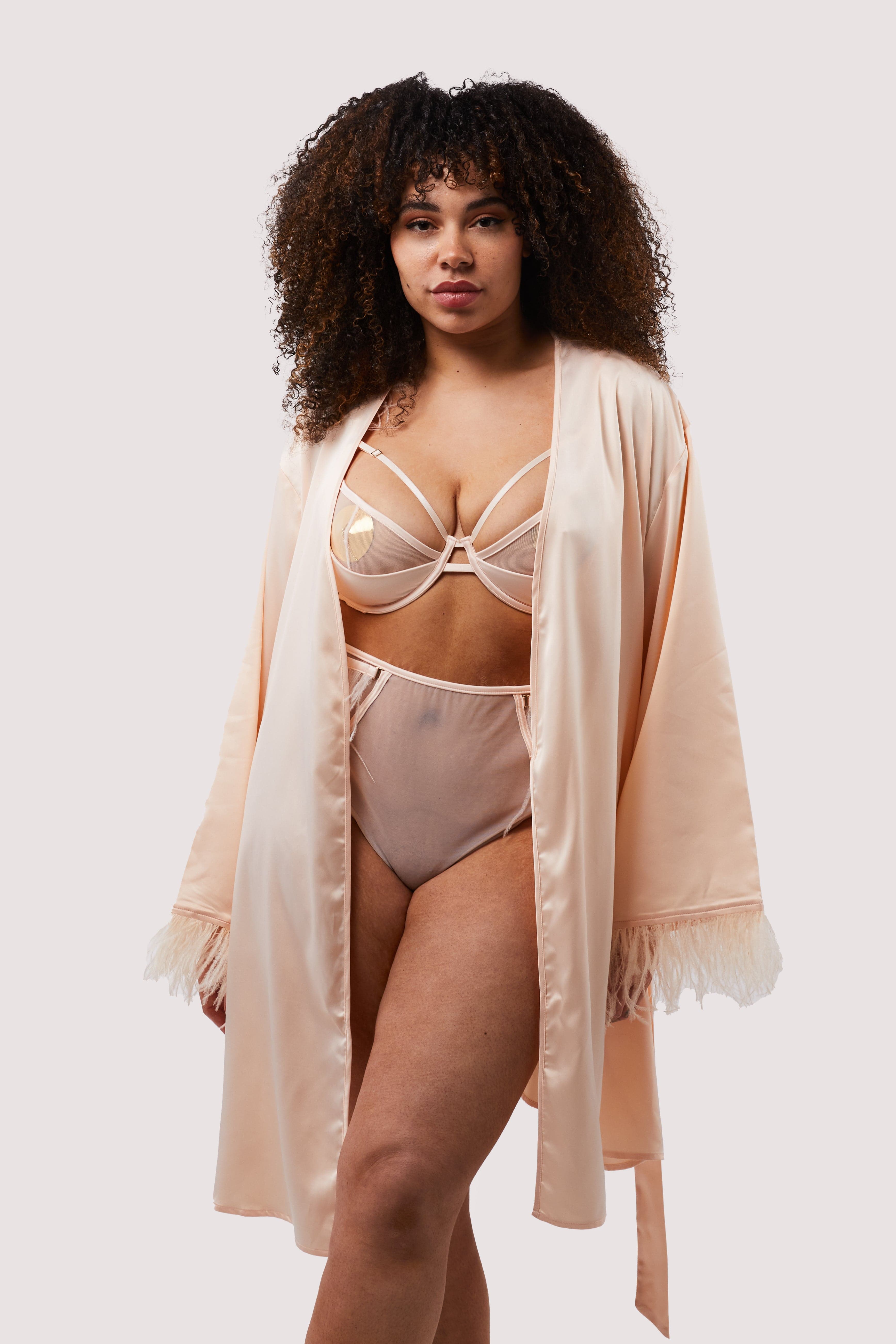 Cassiopeia Blush Pink Satin And Feather Kimono