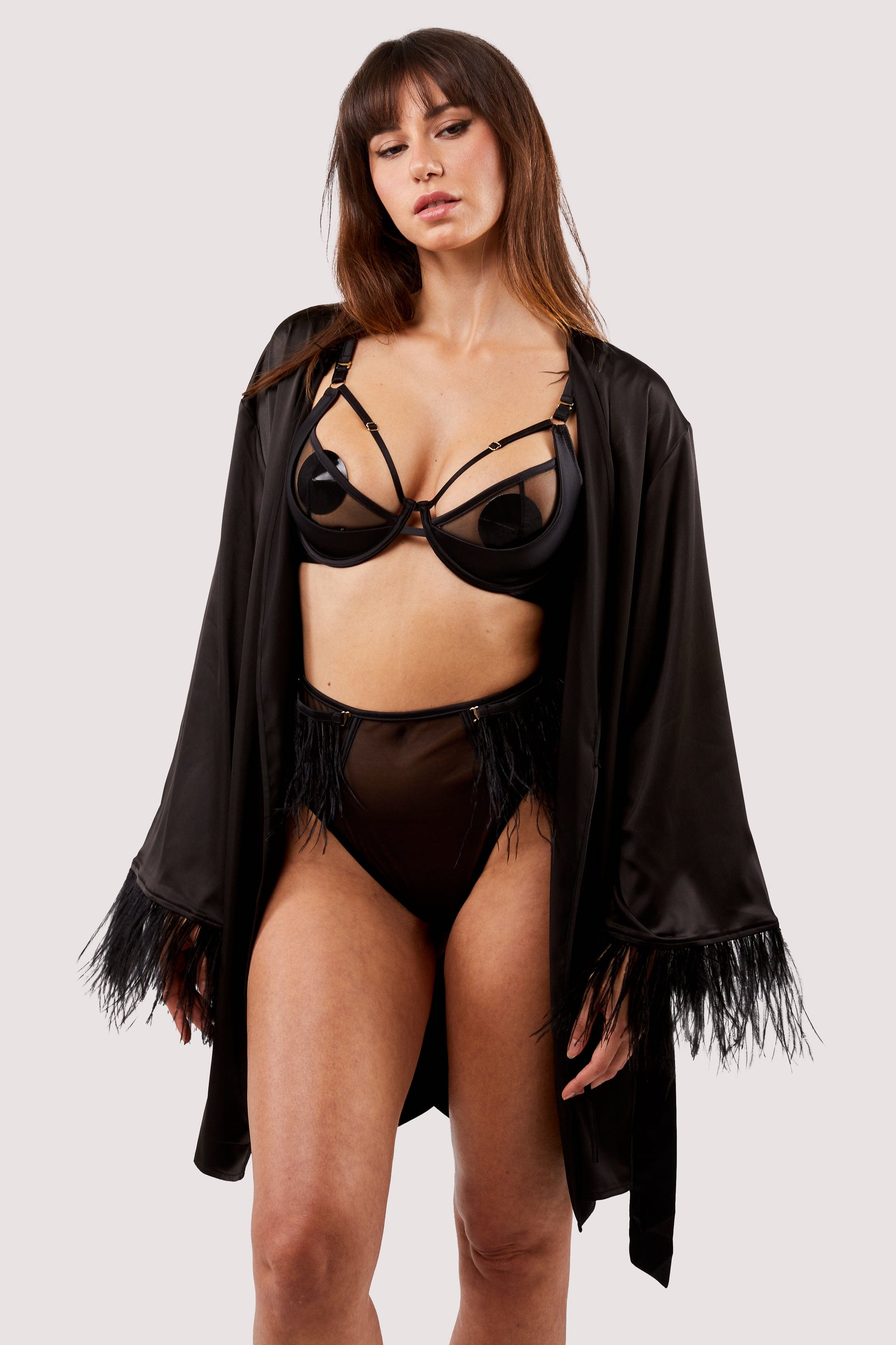 Sirus Black Satin And Feather Kimono