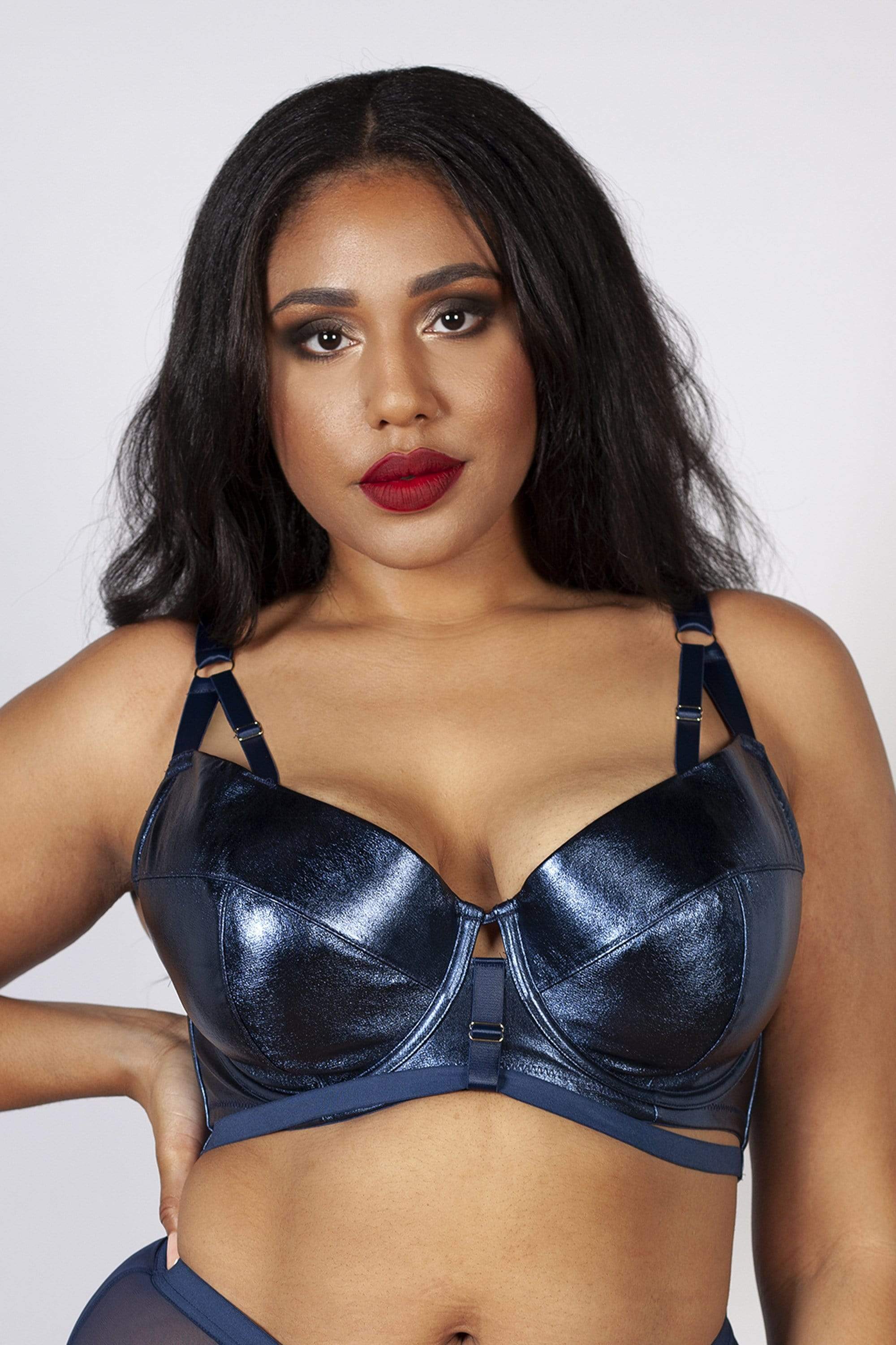 Kayla Metallic Leatherette Bra Midnight Blue B - H