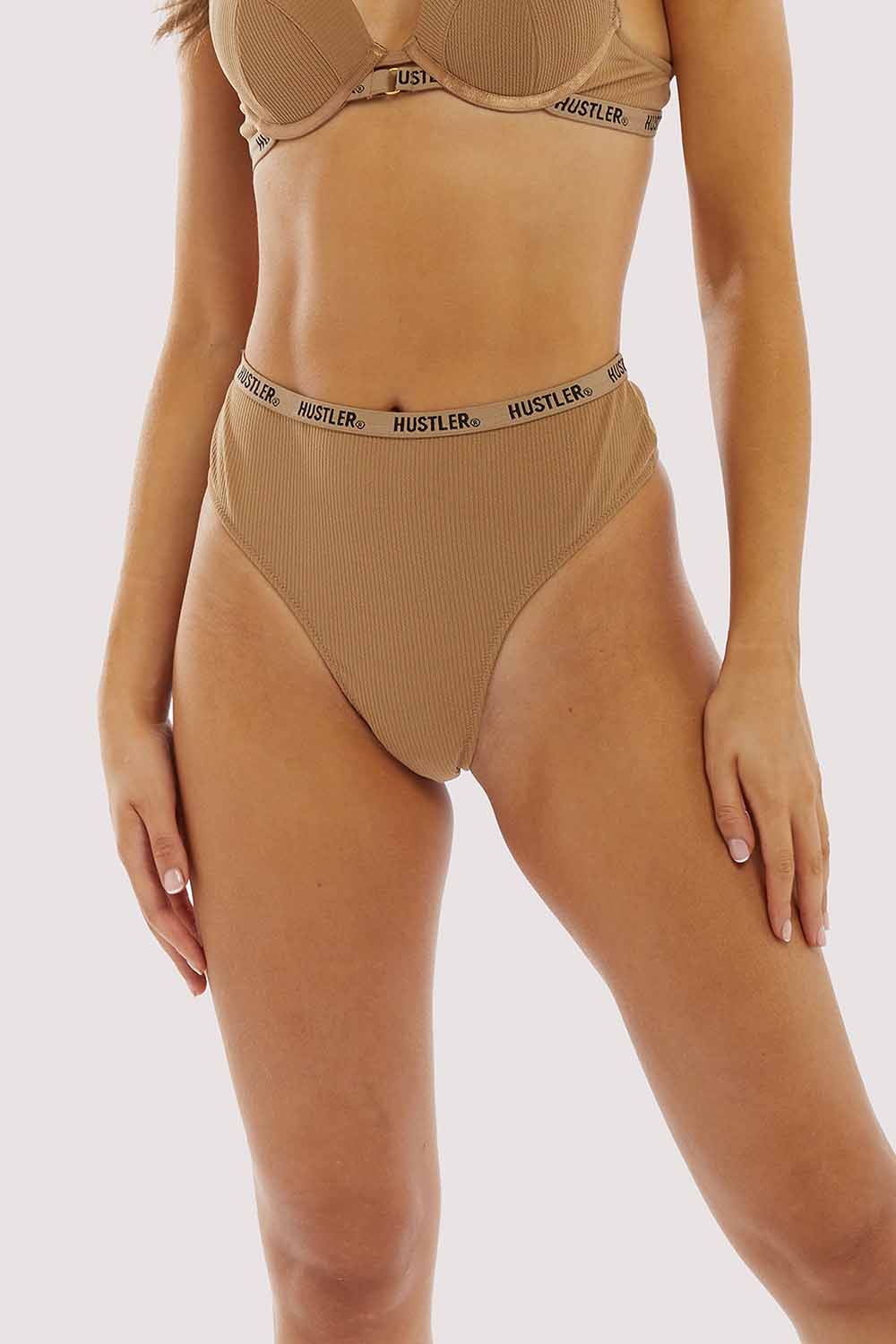 Branded Ribbed Caramel High Waist Thong Caramel