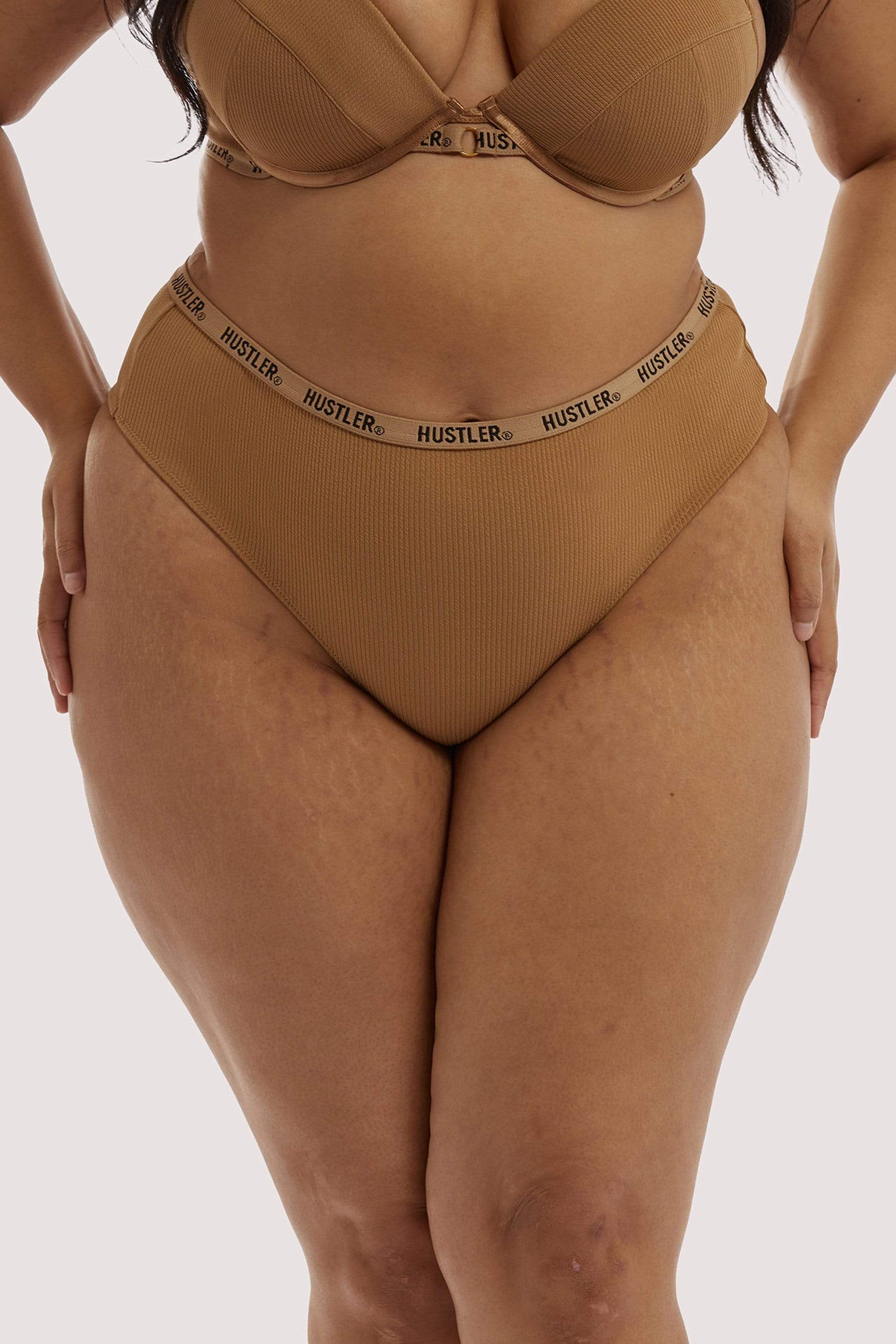 Branded Ribbed Caramel High Waist Thong Caramel