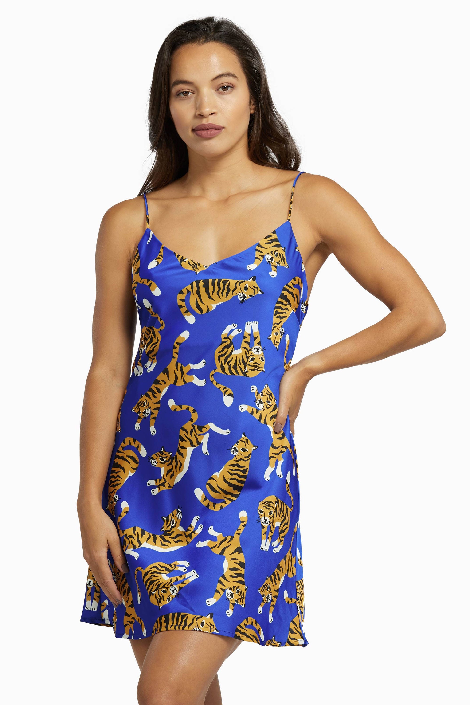Blue Tiger Satin Mini Slip Dress